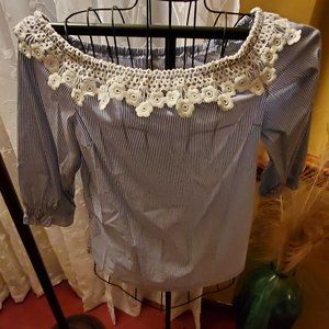 Blue and White Stripe Off Shoulder Top  Size L